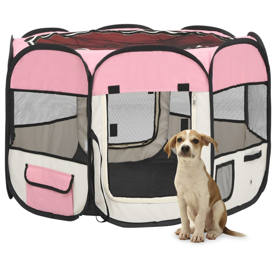 vidaXL Taitettava koirien pentuaitaus kantolaukulla pinkki 90x90x58 cm
